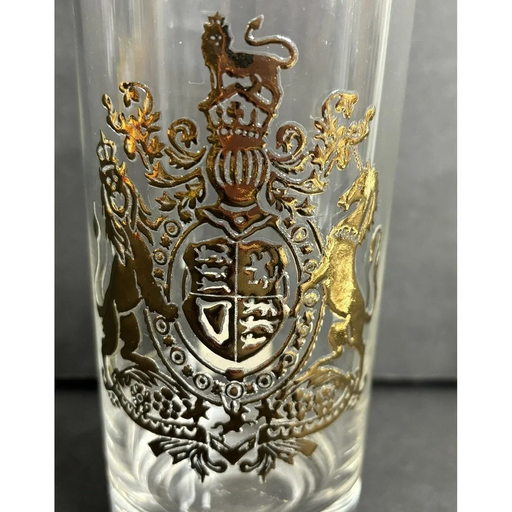 2 Cera Coat of Arms Highball Glasses United Kingdom Gold Vintage 1960s MCM Tags